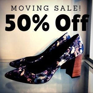 Metallic velvet floral heels with chunky heel